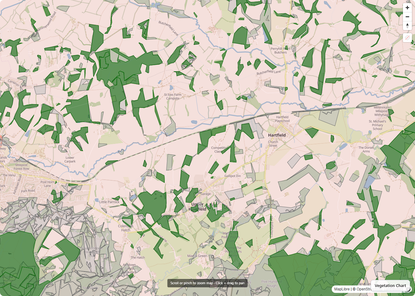 Upper Medway catchment showing priority habitats and ancient woodland over a landscape of parcels and roads